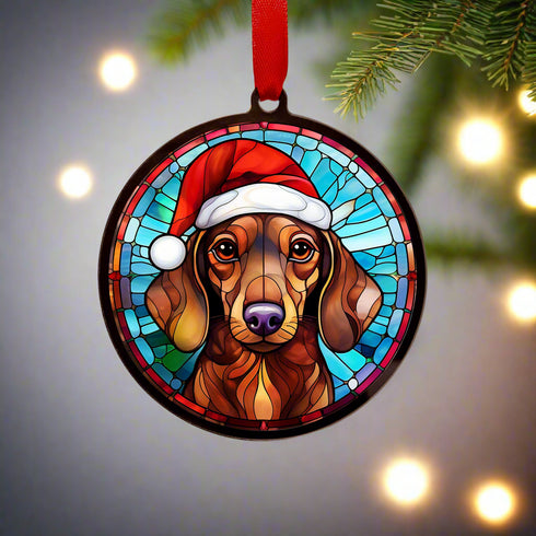 Dachshund Red in Santa Hat Suncatcher Decoration